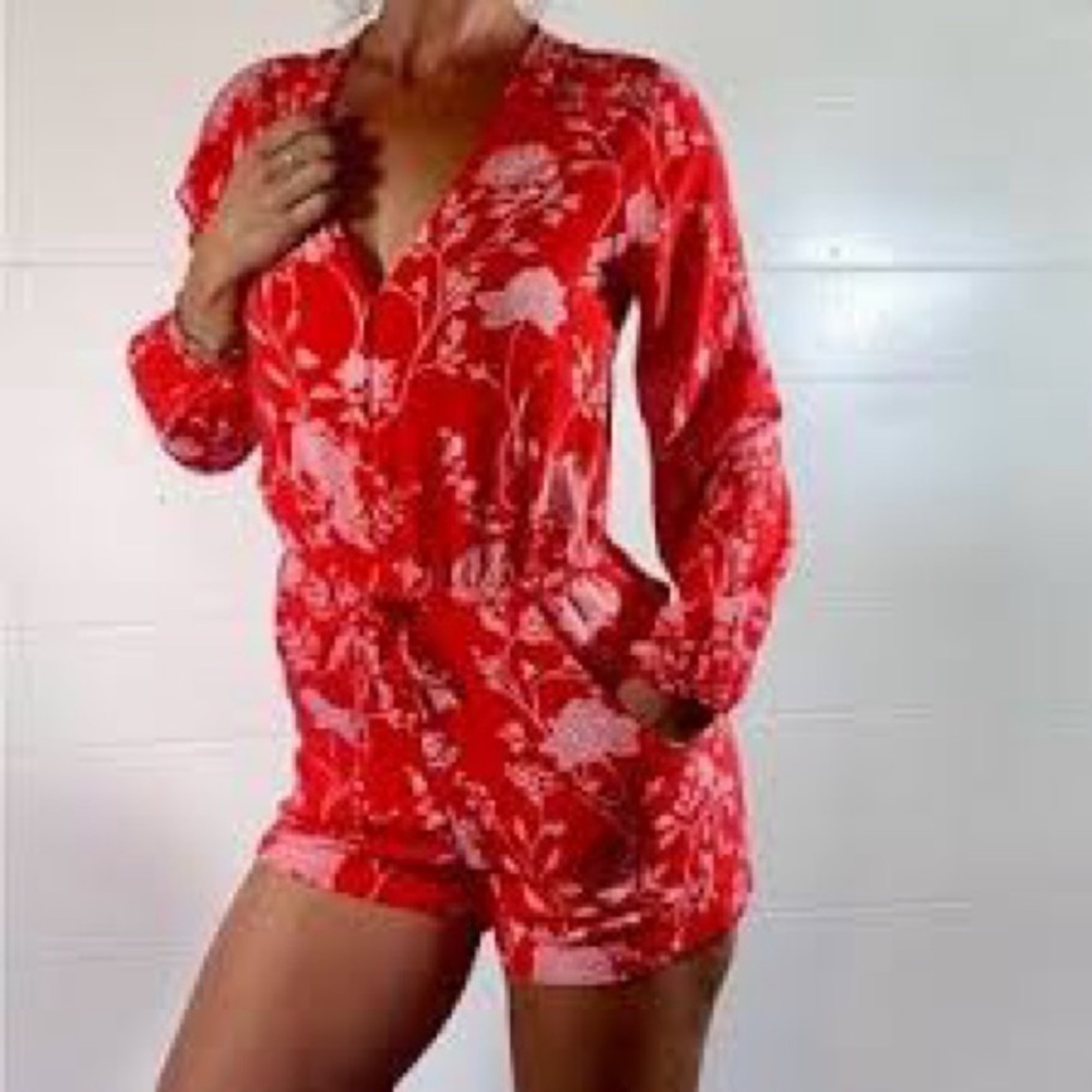 H&M Red Floral Long Sleeve Romper, Size 12
